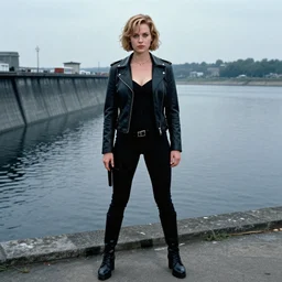 Sarah Michelle Gellar dressed as a British secret agent, standing on a dam, film still from Goldeneye (1995)