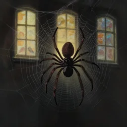 Spider stealing past softly through the shadow of the evening sun, background of windows of the blissfully dead, a tangle of spider webs, surrealistic, dark, matte painting by Jeffrey Smith and Dan Mumford and Studio Ghibli, trending on artstationhq, 4k HDR