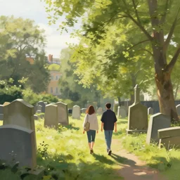 i walk in highgate cemetery, london. volumetric lighting, summer, late morning, slight overcast weather, realistic illustration, perfectly shaded, soft painting, art by krenz cushart and wenjun lin