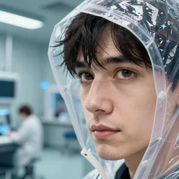 Cinestill 800t, 8K, highly detailed, seinen manga 3/4 extreme closeup portrait, eye contact, focus on blade runner clear plastic raincoat, tilt shift zaha hadid style anime background: famous anime remake, indoor lab scene