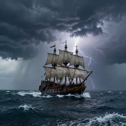 a thunderstorm in the sea, a pirate ship sailing in the middle, dramatic waves, photorealistic render, octane, vray