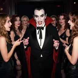 candid paparazzi photo of bela lugosi as dracula surrounded by women and leaving a nightclub, from tmz,