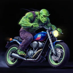 psychedelic blacklight airbrush artwork, hyper stylized action shot of an orc biker riding a motorcycle, clear focused details, soft airbrushed edges and gradients on a black background