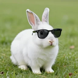 a rabbit wearing sunglasses on a grass field