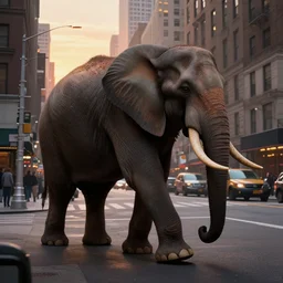 an elephant walking on 5 th avenue on new york city, at sunset, hyperdetailed, in the style of artgerm, deviantart, figurative art, deviantart, ilya kuvshinov, lovecraftian