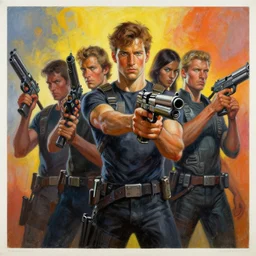 a painting of a group of people holding guns, a fine art painting by ron english, trending on deviantart, neo - primitivism, movie poster, poster art, sci - fi