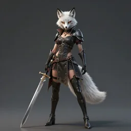 a full body + face character portrait of a female humanoid anthropomorphic edgy white fox posing with a broadsword in the style of dark fantasy in the style of urban fantasy trending on artstation deviantart pinterest furaffinity detailed realistic hd 8 k high resolution