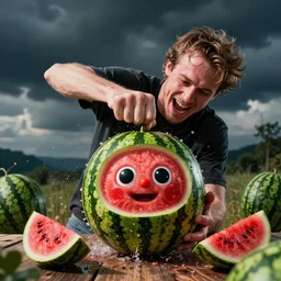 Pewdiepie crushing a cocomelon watermelon with his bare fist, dramatic cinematic photography, Felix Kjellberg is happy while smashing the watermelon that looks like Cococmelon cinestill, YouTube video 800t