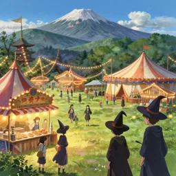 close - up of student witches exploring small carnival amusement, food stalls, big top circus tent, roaming entertainers, flashing lights, highly detailed, magical, japan mountains, digital painting, concept art, matte, art by ruan jia and wlop and greg rutkowski and makoto shinkai, masterpiece