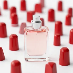 perfume bottle sitting on a white surface surrounded by a plethora of red and white flowers, bright white realistic, up close shot, white background, zen, light, modern minimalist f 2 0