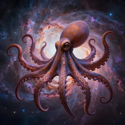 a dramatic and beautiful digital matte painting of large space octopus with legs made of fractal celtic knots floating in front of beautiful nebulae, trending on cgartist, hi-fructose, mandala,  ultra detailed 8k