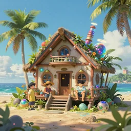 STUDIO GHIBLI, tropical beach cottage, optimist future by Asher Durand. intricate artwork by Tooth Wu and wlop and beeple and dan mumford and greg rutkowski and nekroxiii. halo. octane render, cinematic, hyper realism, octane render, 8k, depth of field, bokeh. iridescent accents. vibrant.