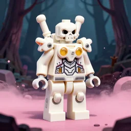 white bone biopunk mecha lego figurine in a dark forest, pixiv fanbox, dramatic lighting, maximalist pastel color palette, splatter paint, pixar and disney concept, graphic novel by fiona staples and dustin nguyen, peter elson alan bean wangechi mutu, clean cel shaded vector art, on artstation