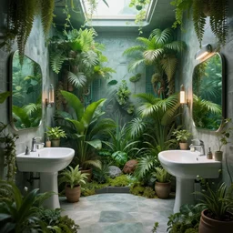 a bathroom with a lot of plants inside of it, cyberpunk art by gregory crewdson, unsplash, ecological art, reimagined by industrial light and magic, rendered in unreal engine, diorama