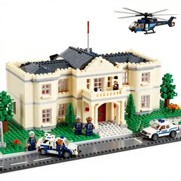 donald trump's mar - a - lago estate during an fbi raid with black undercover cop cars and a swat helicopter, as a lego set