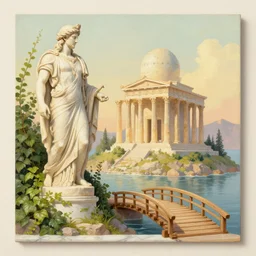 futur Atlantis zeus statue and hill valley grec greeble temple of olympus glory island  little wood bridge painting of tower  ivy plant   in marble  in harmony with nature. Nice colour scheme, soft warm colour. Beautiful detailed illustration by Lurid. (2022)