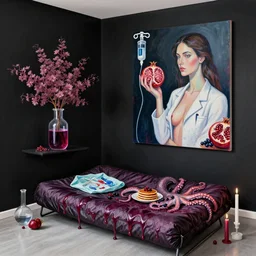 apartment with black walls and a futon, berry juice dripping, ikebana, a sensual portrait of a female pathologist holding a brain, intravenous drip, pomegranate, candles, octopus, sensual, pancakes, berries, surgical supplies, scientific glassware, candles, neo - expressionism, surrealism, acrylic and spray paint and oilstick on canvas