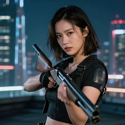 photographic portrait of a techwear woman holding a shotgun, closeup, on the rooftop of a futuristic city at night, sigma 85mm f/1.4, 4k, depth of field, high resolution, full color, Kill Bill, John Wick, Die Hard, movies with guns, movie firearms