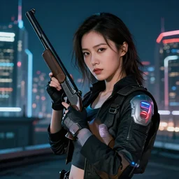 photographic portrait of a techwear woman holding a shotgun, closeup, on the rooftop of a futuristic city at night, sigma 85mm f/1.4, 4k, depth of field, high resolution, 4k, 8k, hd, full color, Robocop, Die Hard, movies with guns, movie firearms