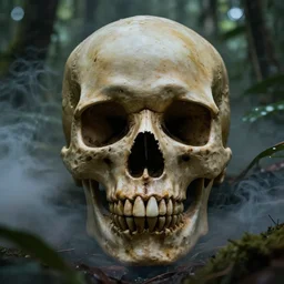 close up photography of a ancient giant hyperrealistic skull in the middle of the amazon rainforrest, smoke everywhere, the camera is slightly higher than the skull, front shot, skull, fog, smoke, mysterious, dark, dramatic lighting, close up, macro, clear, scary, dark art, hyperrealistic, high detail