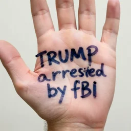 smudged handwriting on a realistic person's hand saying trump arrested by fbi = good