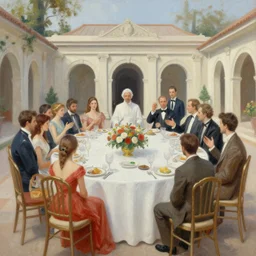 great banquet in the palace courtyard. this oil painting by the award - winning mangaka has a beautiful composition, great sense of depth, dramatic lighting and intricate details.