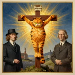 figurative avant garde portrait of garfield cat crucified on the cross by magritte and edward hopper, inspired by william blake and gaugin, illusion surreal art, highly conceptual figurative art, intricate detailed illustration, holy poster art
