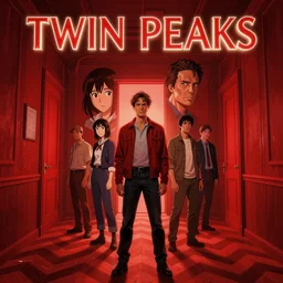 Twin Peaks comic book cover movie poster artwork by Tomer Hanuka, rendering of the red room from Twin Peaks with chevron pattern floor, Michael Whelan, Patryk Hardziej,  Makoto Shinkai and thomas kinkade, by Gregory Crewdson, Matte painting, trending on artstation and unreal engine