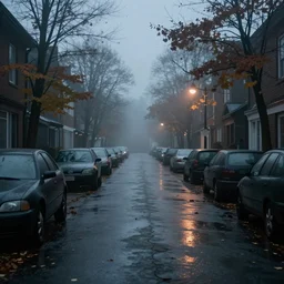 silent hill in real life, desolate street, sombre, parked cars, overcast, blankets of fog pockets, rain, volumetric lighting, beautiful, night time, autumn, sharp focus, ultra detailed, cgsociety
