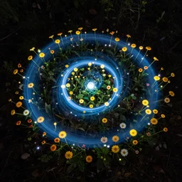 a biomechanical field of flowers, light painting, night vision, top - view, the birth of time
