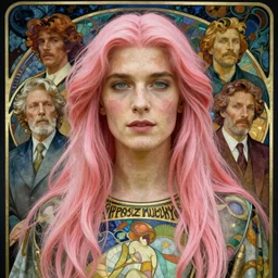 realistic detailed portrait of tim allen with long pink hair by alphonse mucha, amano, charlie bowater, karol bak, greg hildebrandt, jean delville, and mel brooks, art nouveau, neo - gothic, gothic, dark ominous lighting