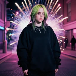 billie eilish in the street, explosion of neon lights