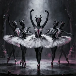 a beautiful highly detailed matte painting of black devil ballerinas dancing on stage by atay ghailan, cliff chiang, loish and goro fujita, black, white and pink mystical tones, featured on artstation, featured on behance, grunge aesthetic, spooky