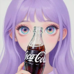 painting of the coke logo personified as a soda themed girl in the style of the lavender towne, large creepy eyes, extremely detailed and colorful eyes, soda themed girl, hyper detailed eyes, money sign pupils, tim burton, scratchy lines, junji ito, gorrilaz, her forehead has the coke logo carved into it, money sign pupils,