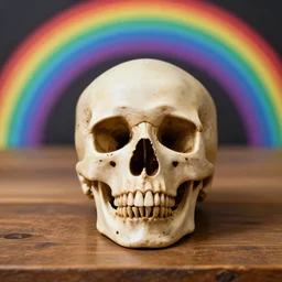 A skull on a wooden table with a rainbow in the background