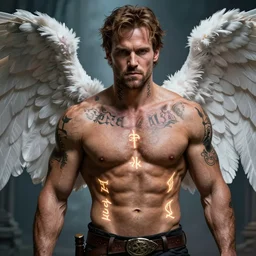 muscular Sam Winchester as an angel with religious tattoos on chest and neck, with glowing runes on the body, romance book cover style, D&D dark fantasy style, sharp focus, ultra detailed, art by Artgerm and Peter Andrew Jones, Karol Bak, Ayami Kojima, Amano and Olivier Ledroit