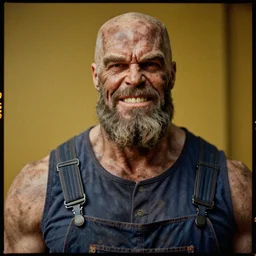 far view, extremely skinny malnourished thanos with long beard, wearing dirty overalls, dirty greasy face, grin, portrait, close up, kodak gold 2 0 0, 5 0 mm,