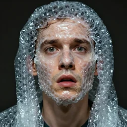 portrait of a man who's face is made of bubble wrap plastic, he looks terrified
