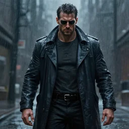 realistic gritty digital painting of a powerful modern man in the rain