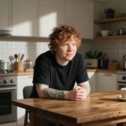 ed sheeran on a wooden table, in the kitchen from friends, soft lighting, super detailed