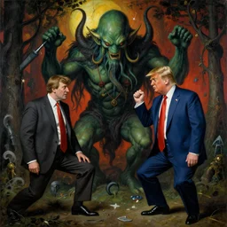 a painting of cthulhu and donald trump meeting, in the style of hieronymus bosch