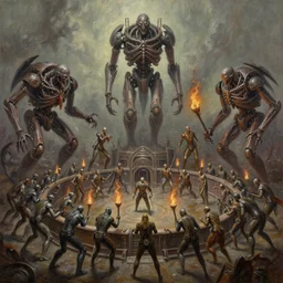 oil paint of 1 1 horrifying machines as autolysis idols, dethroning melee, tiered lyme battle pit, by wayne d barlowe, boris vallejo, stefano tamburini, torch light, muted colors, epic, hyper detailed, awe inspiring, award winning horror, hyper realism, cinematic