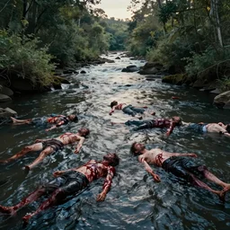 hyper realistic photo of the river of blood, bodies floating downstream