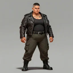 concept art of a masculine stocky buff fat mexican woman wearing leather jacket, cargo pants, tattoos, clothed!!!! buzzcut, snarl, badass, trending on art station