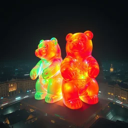a stunning hyper realistic panoramic photography of two translucent colorful extremely giant gummy bear destroying budapest, gozilla size, cinematic footage, by denis villeneuve, ridley scott