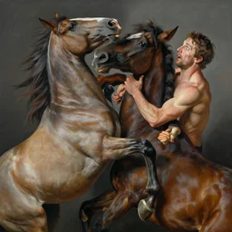 horses entangled by jenny saville and peter mohrbacher and roberto ferri, struggle, wide eyes, motion, jumble of muscles, wrestle, dramatic, dynamic lighting, sharp focus