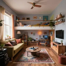 an interior of a house, designed in cassettepunk aesthetic