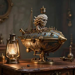 steampunk airship with a soul, on a wooden table, intricate detail, hyper detailed, ultra realistic, sharp focus, smooth, octane render, lantern, volumetric, ray tracing, artstation trending, cgsociety, sense of awe, mystical, by wolp and artgerm, midsommar 4 k