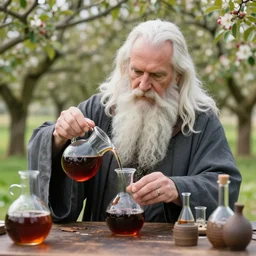 beautiful professional photograph of a wizard with a very long white beard, creating, making, brewing, potions, elixirs, potions, in an apple orchard