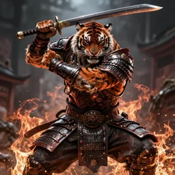 fullbody, dark, evil villan character, very hostile very angry realistic detailed semirealism tiger man wearing samurai armor. fire Tiger_character, tiger_beast, 獣, FFXIV, iconic character splash art, angry character wielding a sword, blade, katana, blurred background, muscular scary brute, MMOrpg, dramatic cinematic Detailed fur, tank type character, detailed metal textures, 4K high resolution quality artstyle professional artists WLOP, Aztodio, Taejune Kim, Guweiz, Pixiv, Instagram, Artstation